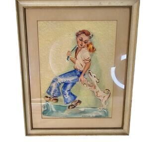 Vintage Watercolor Print Framed Boy And Dog Art MCM Mid Century Nursery Decor